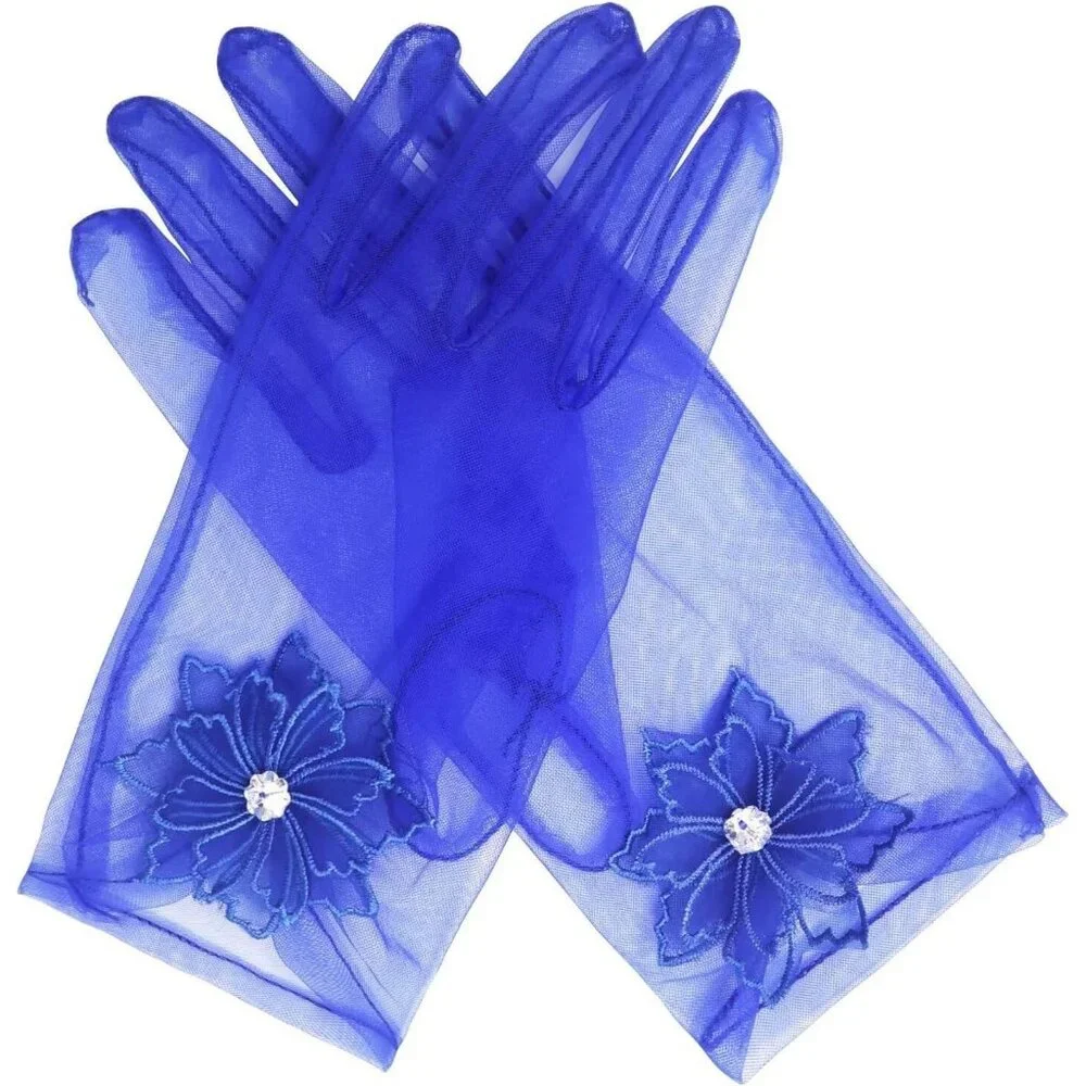 Women's Floral Royal Blue Diamond Flower Gloves Tulle Tea Opera Party Elegant